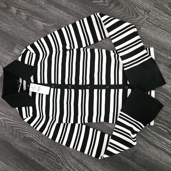 Express Black and White Soft Silky Striped Fitted Polo - Picture 3 of 4